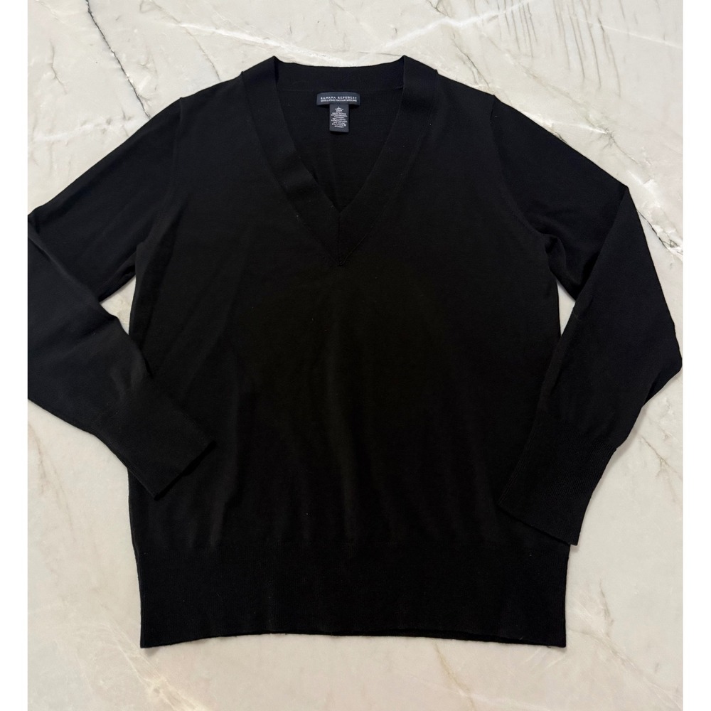 Banana Republic Black Extra Fine Italian Merino Wool V-Neck Sweater Large